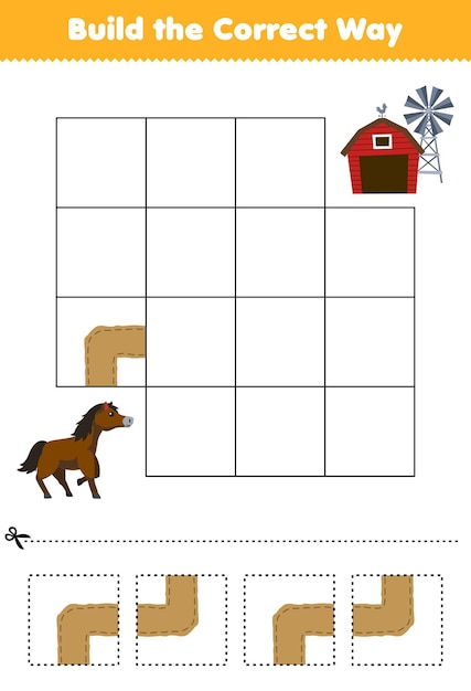 Образовательная игра для детей: постройте правильный путь, помогите милой мультяшной лошади переехать в сарай. Лист для печати на ферме.