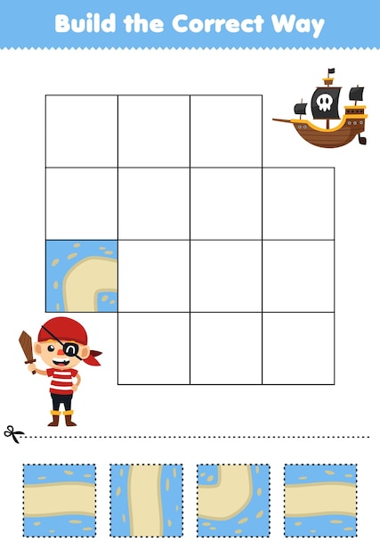Обучающая игра для детей: построй правильный путь, помоги милому мультяшному пирату в костюме мальчика переместиться на корабль, лист для печати на Хэллоуин