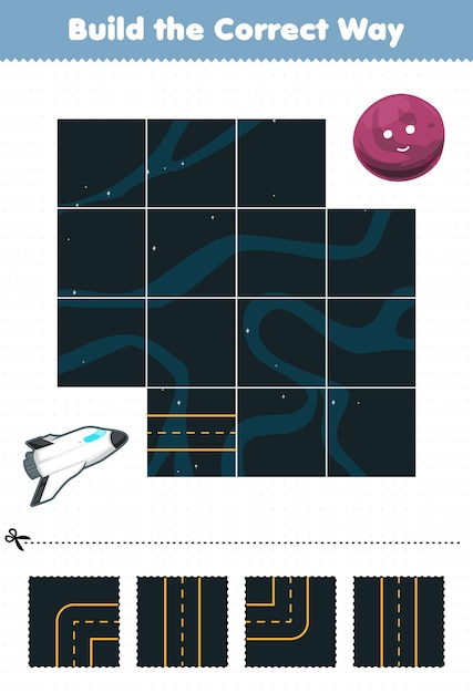 어린이를 위한 교육 게임은 귀여운 만화 태양계 우주선이 보라색 행성으로 이동하는 데 도움이 되는 올바른 방법을 구축합니다.