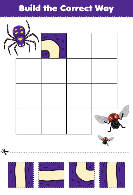 어린이를 위한 교육 게임은 귀여운 만화 거미가 인쇄 가능한 버그 워크시트를 비행하도록 돕는 올바른 방법을 구축합니다.