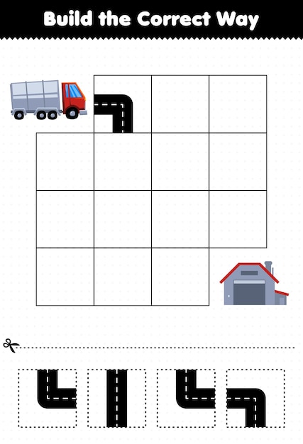 Il gioco educativo per i bambini costruisce il modo corretto per aiutare il camion a spostarsi in magazzino