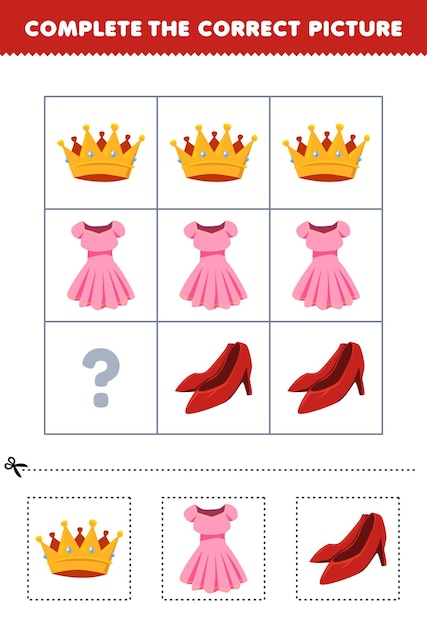 Education game for children to choose and complete the correct picture of a cute cartoon crown dress or heel printable wearable worksheet