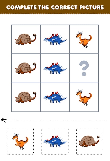 아이들이 귀여운 만화 켄토사우루스 도에디쿠루스 또는 스티기몰로크 인쇄용 공룡 워크시트의 올바른 그림을 선택하고 완성하는 교육 게임