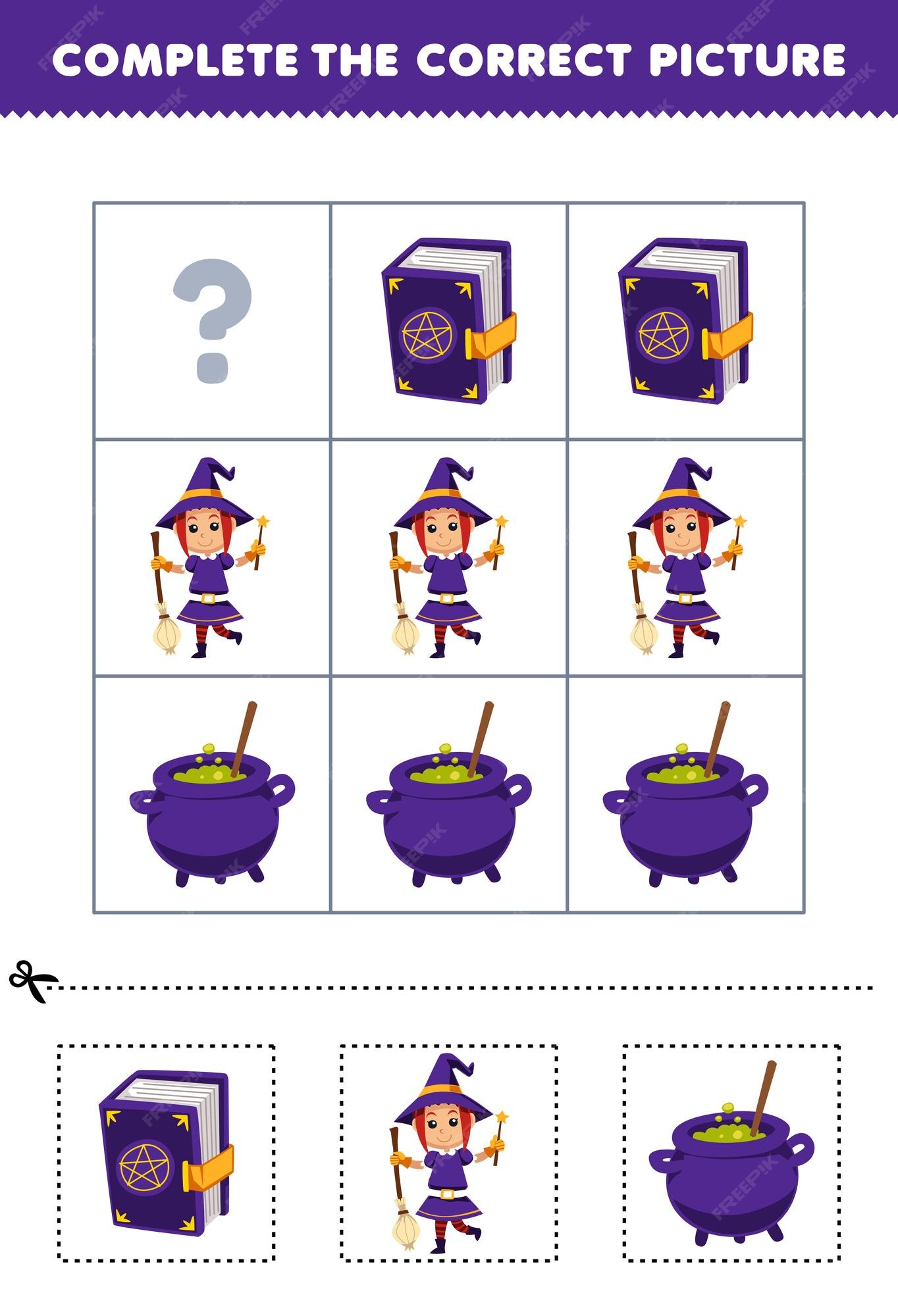 Premium Vector  Education game for children counting how many cute cartoon  cauldron witch and magic book halloween printable worksheet