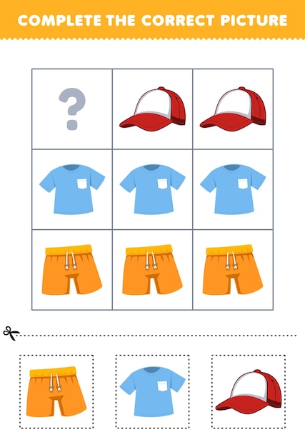 아이들이 귀여운 만화 바지 티셔츠 또는 모자 인쇄 가능한 웨어러블 워크시트의 올바른 그림을 선택하고 완성하는 교육 게임