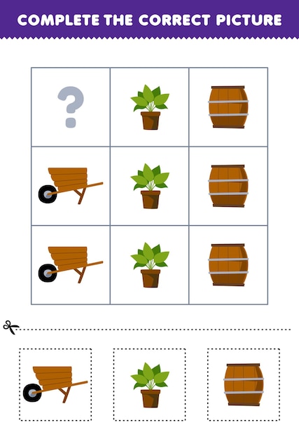 Gioco educativo per i bambini per scegliere e completare l'immagine corretta di una simpatica pianta di carriola dei cartoni animati o di un foglio di lavoro agricolo stampabile a botte