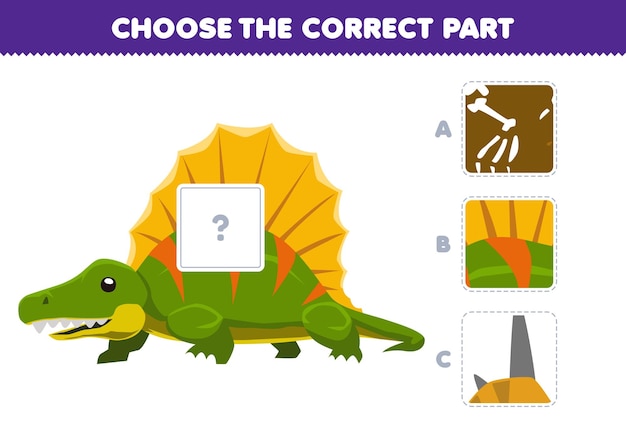 Education game for children choose the correct part to complete a cute cartoon dimetrodon picture printable prehistoric dinosaur worksheet