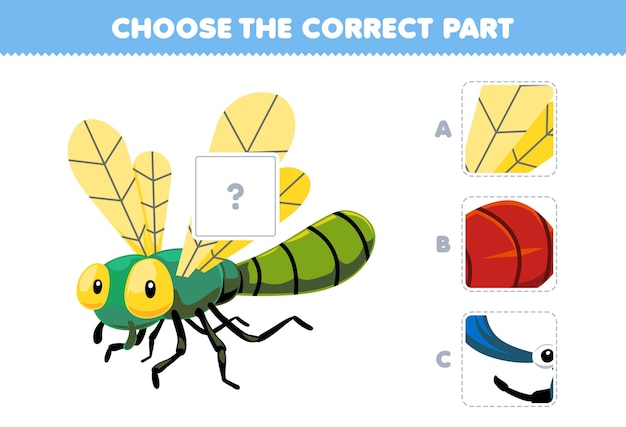 Education game for children choose the correct part to complete a cute cartoon dragonfly picture printable bug worksheet