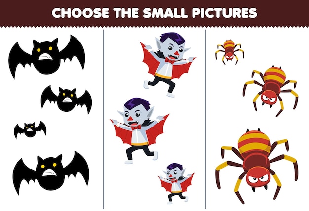 Gioco educativo per bambini scegli la piccola immagine del simpatico cartone animato pipistrello ragno dracula costume stampabile foglio di lavoro di halloween