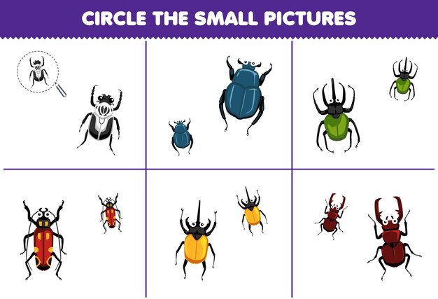 어린이를 위한 교육 게임은 귀여운 만화 딱정벌레 인쇄용 버그 워크시트의 작은 그림을 선택합니다.