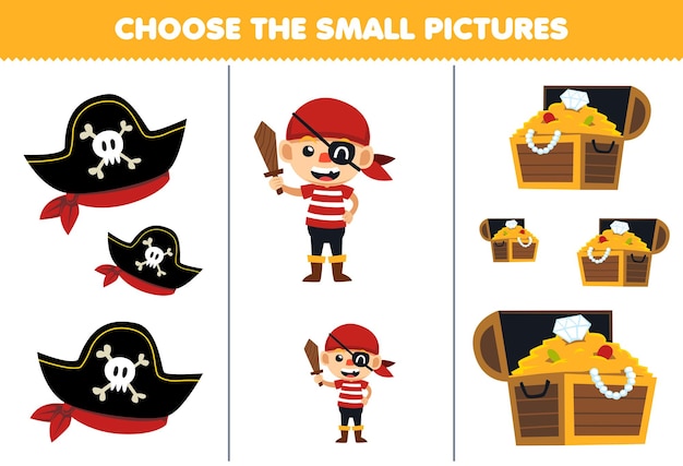 어린이를위한 교육 게임은 귀여운 만화 해적 모자 보물 상자 인쇄용 할로윈 워크 시트의 작은 그림을 선택합니다.