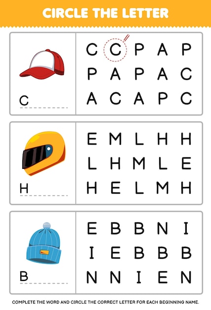 Education game for children circle the beginning letter from cute cartoon cap helm beanie hat printable wearable clothes worksheet