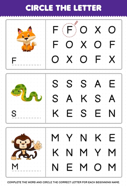 Education game for children circle the beginning letter from cute cartoon fox snake monkey printable animal worksheet