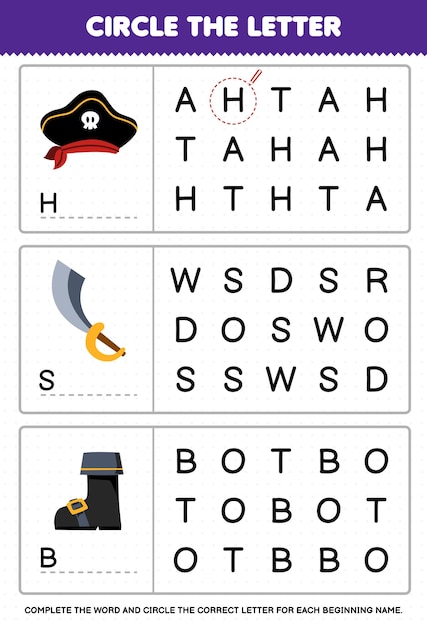 Education game for children circle the beginning letter from cute cartoon hat sword and boot printable pirate worksheet