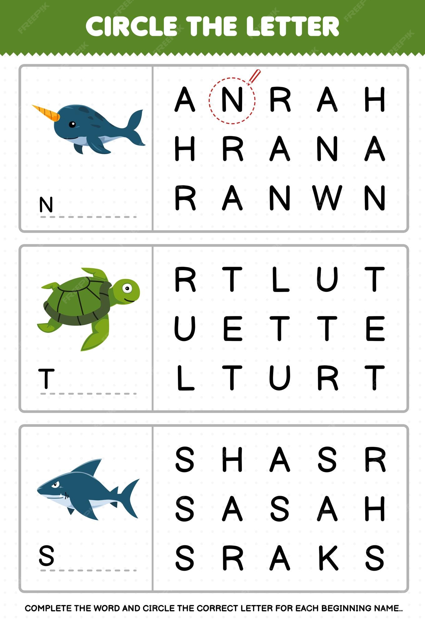 Premium Vector | Education game for children circle the beginning letter from cute cartoon narwhal turtle shark printable underwater worksheet Premium Vector | Education game for children circle the beginning letter from cute cartoon narwhal turtle shark printable underwater worksheet