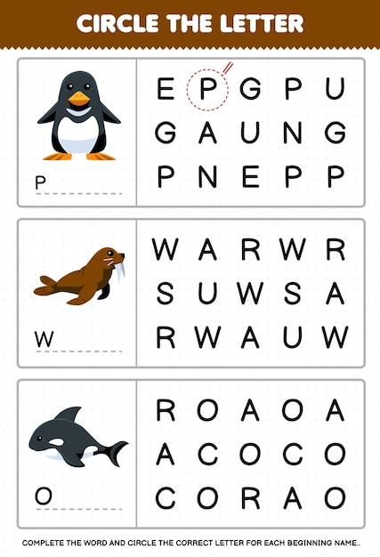 Education game for children circle the beginning letter from cute cartoon penguin walrus orca printable underwater worksheet