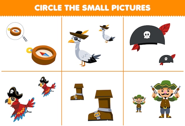 Education game for children circle the small picture of cute cartoon compass hat boot bird and man printable pirate worksheet