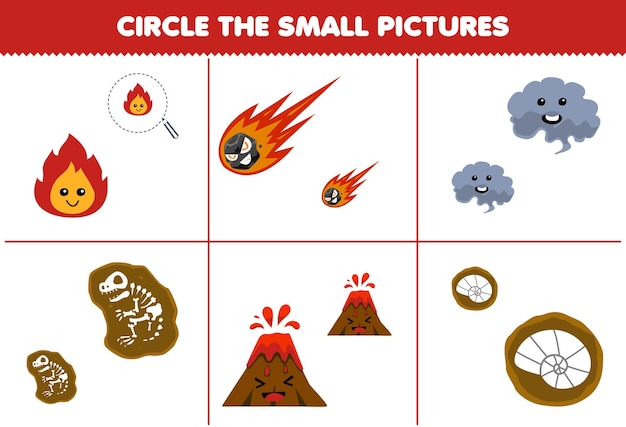 Education game for children circle the small picture of cute cartoon fire meteor smoke volcano fossil printable nature worksheet