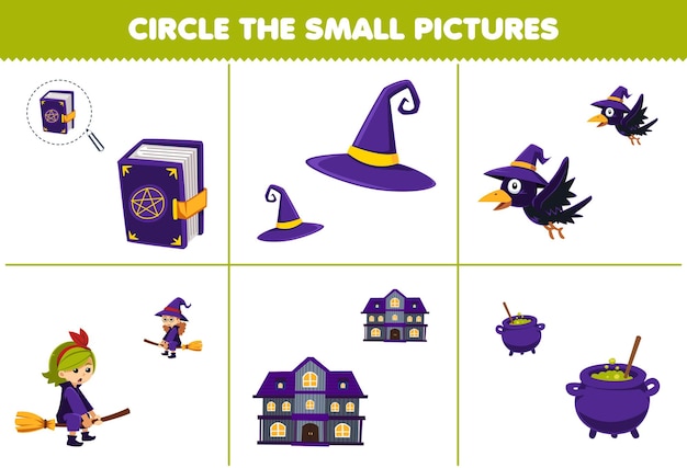 Education game for children to choose and complete the correct picture of a  cute cartoon magic book witch or cauldron printable halloween worksheet  24611639 Vector Art at Vecteezy