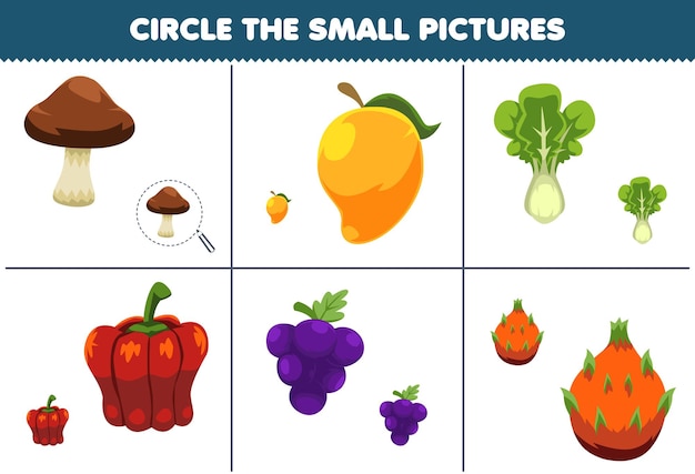 어린이를 위한 교육 게임은 귀여운 만화 버섯 망고 양상추 파프리카 포도 드래곤 과일 인쇄 가능한 워크시트의 작은 그림을 원