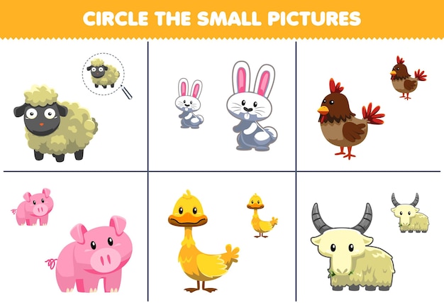 Education game for children circle the small picture of cute cartoon sheep rabbit chicken pig duck goat printable animal worksheet