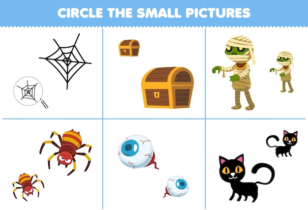 Education game for children circle the small picture of cute cartoon web spider chest mummy eye cat printable halloween worksheet