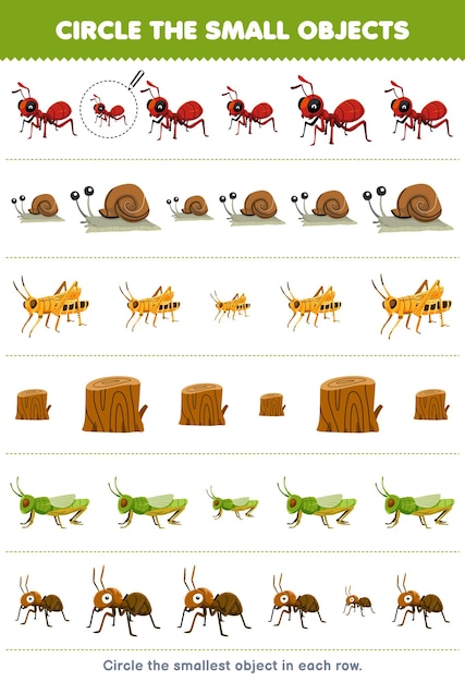 Education game for children circle the smallest object in each row of cute cartoon ant snail grasshopper wood log printable bug worksheet