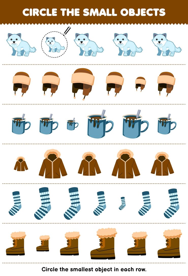 Vector education game for children circle the smallest object in each row of cute cartoon arctic fox hat jacket sock boot printable winter worksheet