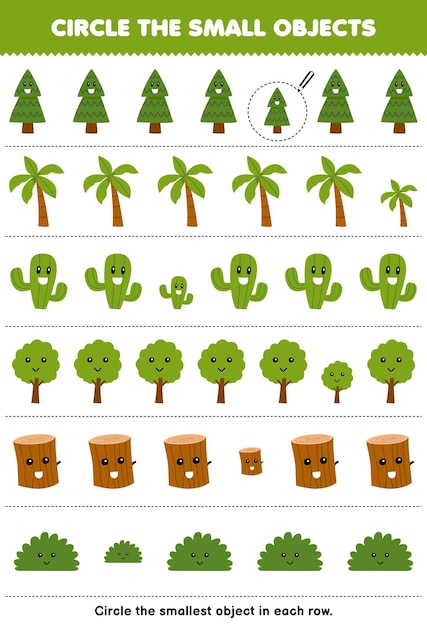 어린이를 위한 교육 게임은 귀여운 만화 선인장 나무 나무 통나무 덤불 인쇄 가능한 자연 워크시트의 각 행에서 가장 작은 물체에 동그라미를 칩니다.