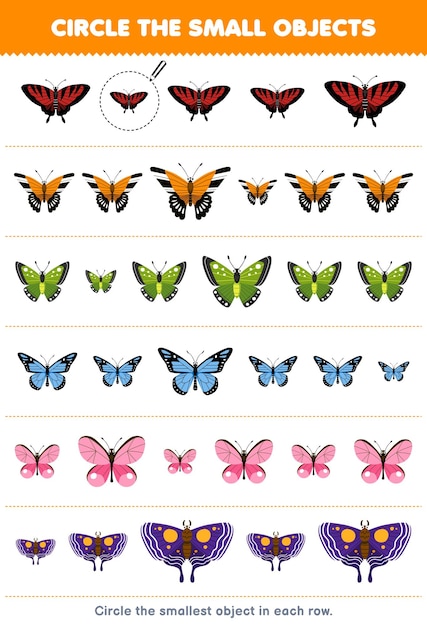 어린이를 위한 교육 게임은 귀여운 만화 애벌레 무당벌레 나방 누에 고치 누에 나비 인쇄용 버그 워크시트의 각 행에서 가장 작은 개체를 원합니다.