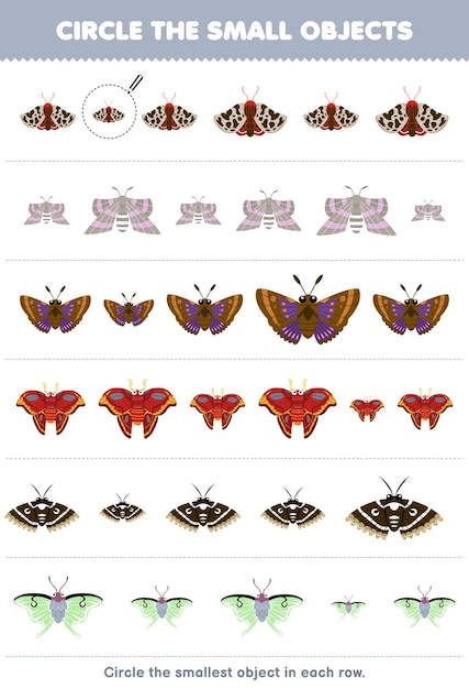 어린이를 위한 교육 게임은 귀여운 만화 나방 인쇄 가능한 버그 워크시트의 각 행에서 가장 작은 물체에 동그라미를 칩니다.
