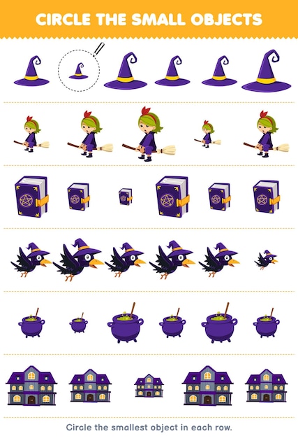 Education game for children circle the smallest object in each row of cute cartoon witch hat spell book crow cauldron spooky house printable halloween worksheet