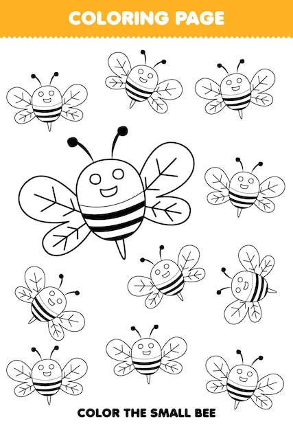 Education game for children coloring page big or small picture of cute cartoon bee line art printable farm worksheet