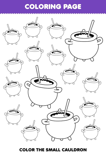 Education game for children coloring page big or small picture of cute cartoon cauldron line art halloween printable worksheet