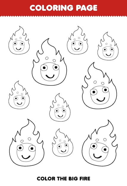 Education game for children coloring page big or small picture of cute cartoon fire line art halloween printable worksheet