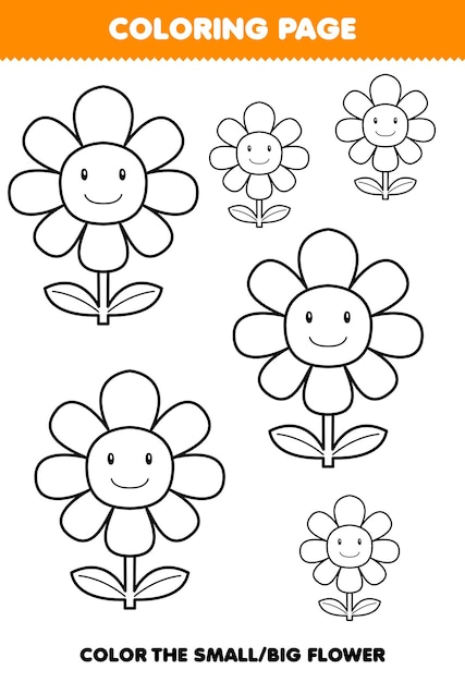 Education game for children coloring page big or small picture of cute cartoon flower line art printable nature worksheet