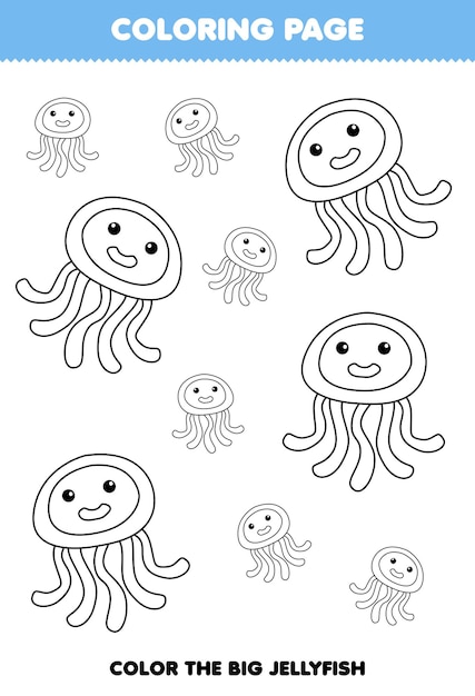 Education game for children coloring page big or small picture of cute cartoon jellyfish animal line art printable worksheet