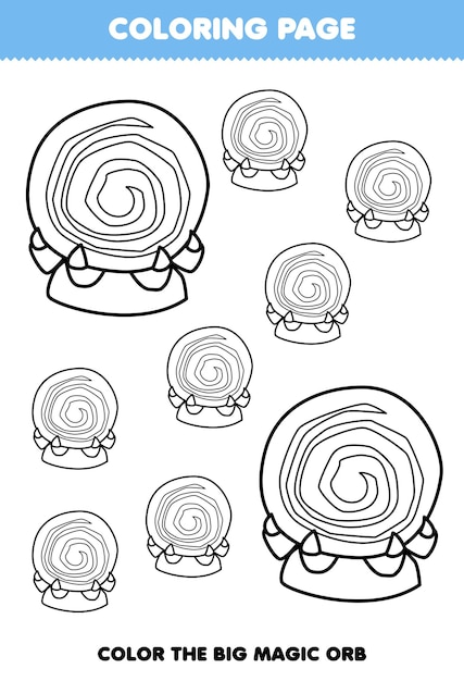 Education game for children coloring page big or small picture of cute cartoon magic orb line art halloween printable worksheet