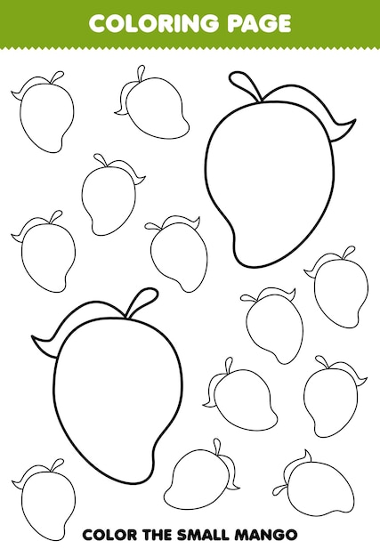 Education game for children coloring page big or small picture of cute cartoon mango fruit line art printable worksheet