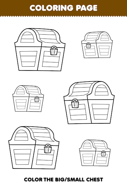 귀여운 만화 보물 상자 라인 아트 인쇄용 해적 워크시트의 크거나 작은 그림을 색칠하는 어린이를 위한 교육 게임