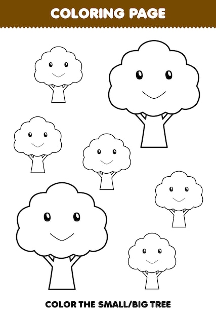 Education game for children coloring page big or small picture of cute cartoon tree line art printable nature worksheet