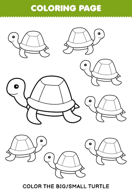 Education game for children coloring page big or small picture of cute cartoon turtle line art printable underwater worksheet