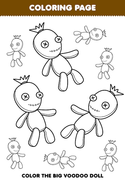 Education game for children coloring page big or small picture of cute cartoon voodoo doll line art halloween printable worksheet