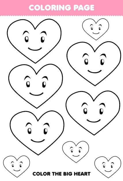 Education game for children coloring page big or small picture of geometric shape heart line art printable worksheet