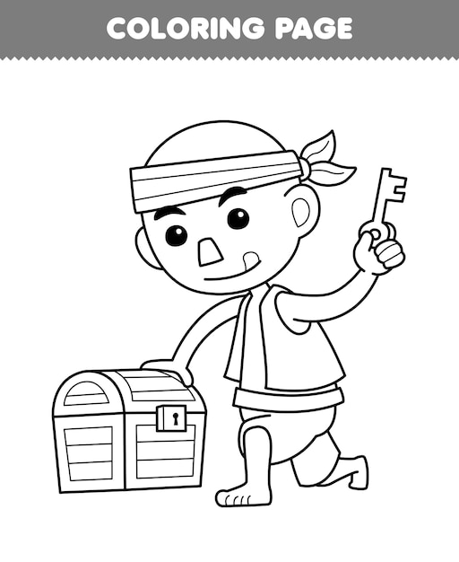 宝箱を開こうとしているかわいい漫画のハゲ男のページを着色する子供のための教育ゲーム ライン アートの印刷可能な海賊ワークシート