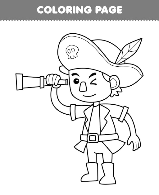 Education game for children coloring page of cute cartoon boy carrying spyglass line art printable pirate worksheet