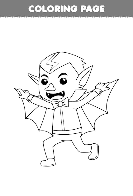 Gioco educativo per bambini da colorare pagina del simpatico cartone animato dracula ragazzo costume line art halloween foglio di lavoro stampabile