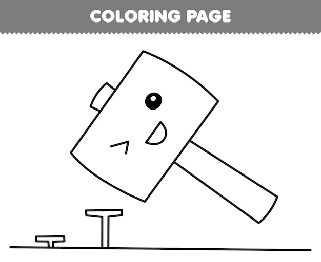 かわいい漫画のハンマーと釘のライン アートの印刷可能なツール ワークシートのページを着色する子供のための教育ゲーム