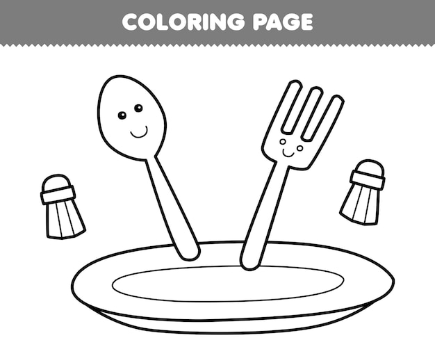 Education game for children coloring page of cute cartoon plate fork and spoon line art printable tool worksheet