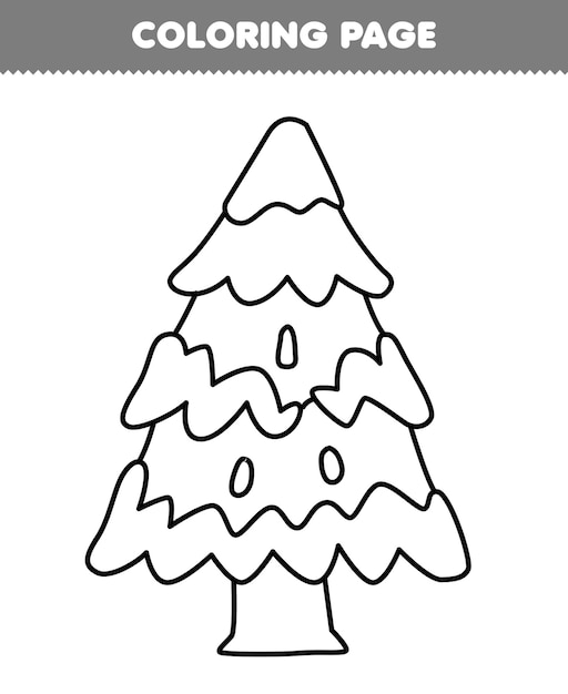 Education game for children coloring page of cute cartoon snowy pine tree line art printable winter worksheet